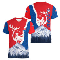 Slovakia – Red Blue Deer and Mountain Design Women V-Neck T-Shirt with National Symbols