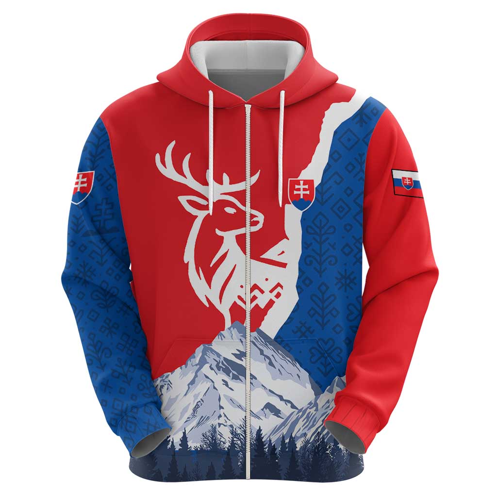 Slovakia – Red Blue Deer and Mountain Design Zip Hoodie with National Symbols