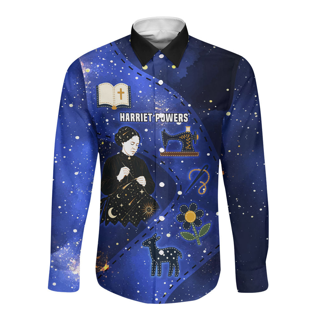 Harriet Powers Long Sleeve Button Shirt African American History - Galaxy Celestial Starry Night - Folk Art Quilter
