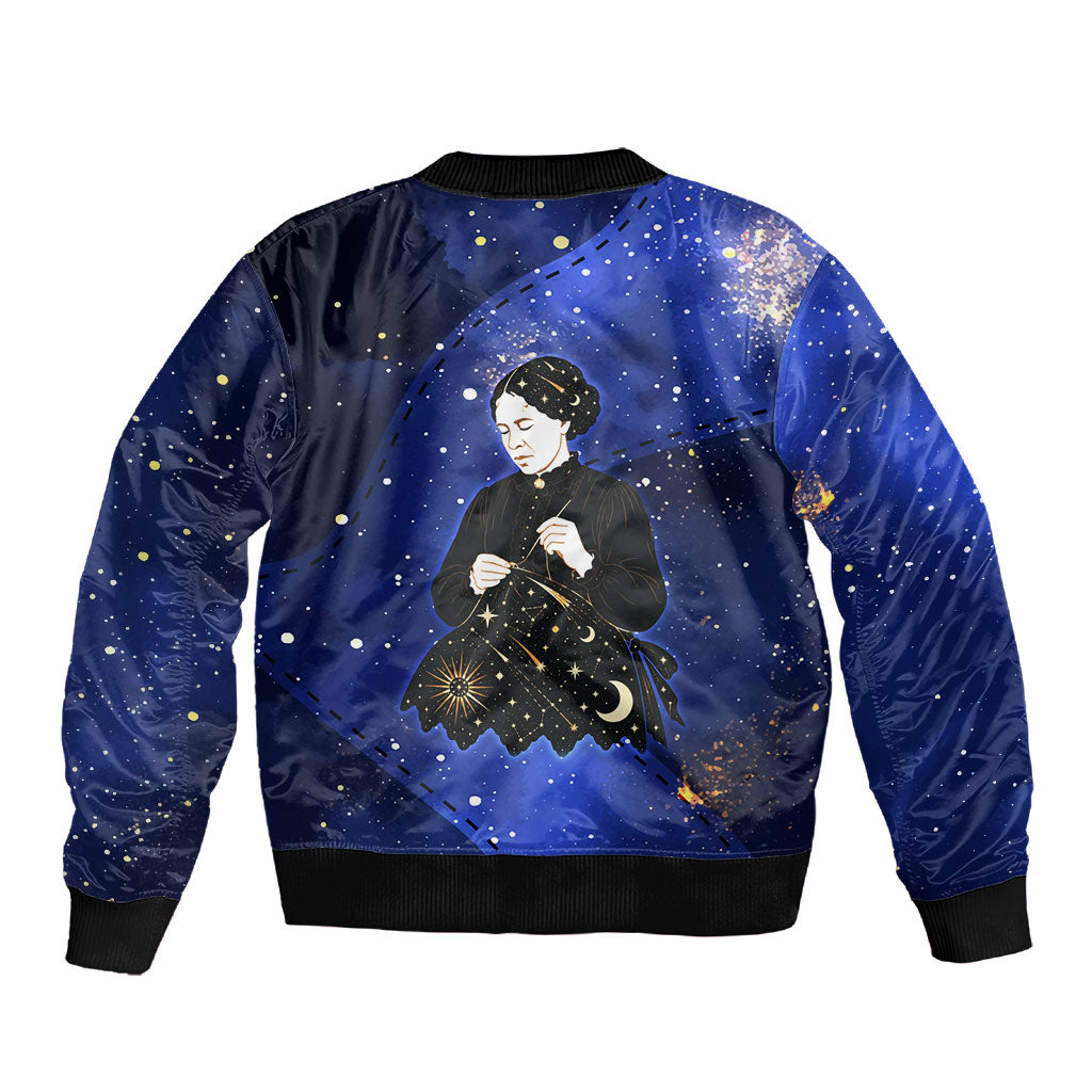 Harriet Powers Sleeve Zip Bomber Jacket African American History - Galaxy Celestial Starry Night - Folk Art Quilter
