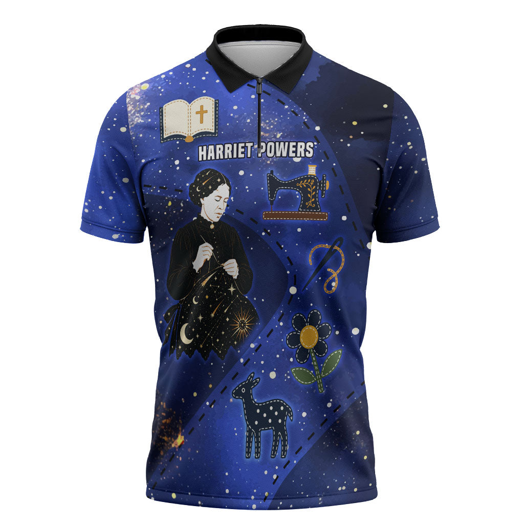 Harriet Powers Zipper Polo Shirt African American History - Galaxy Celestial Starry Night - Folk Art Quilter