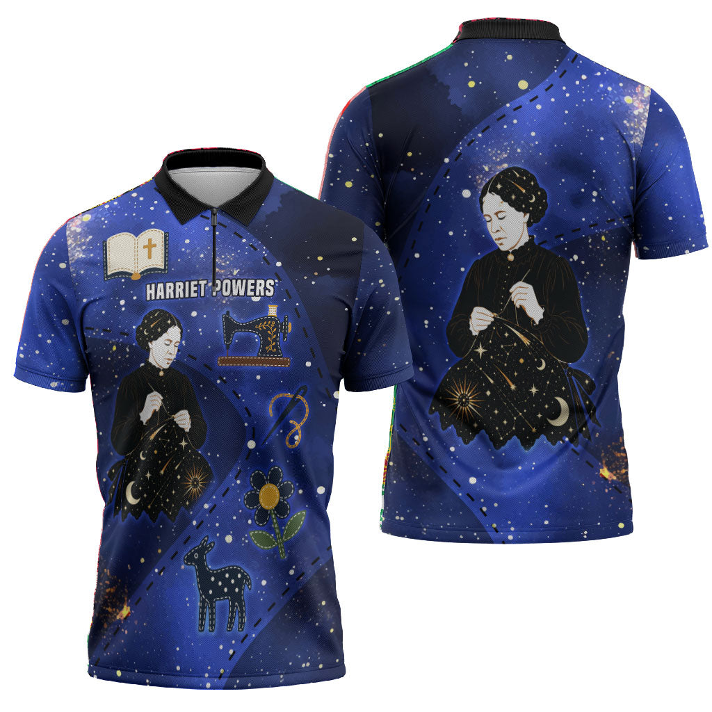 Harriet Powers Zipper Polo Shirt African American History - Galaxy Celestial Starry Night - Folk Art Quilter