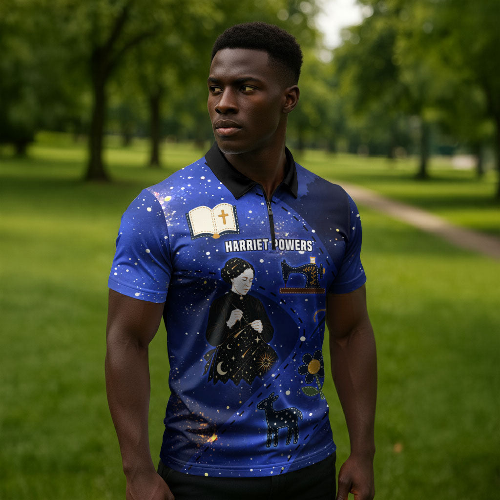 Harriet Powers Zipper Polo Shirt African American History - Galaxy Celestial Starry Night - Folk Art Quilter