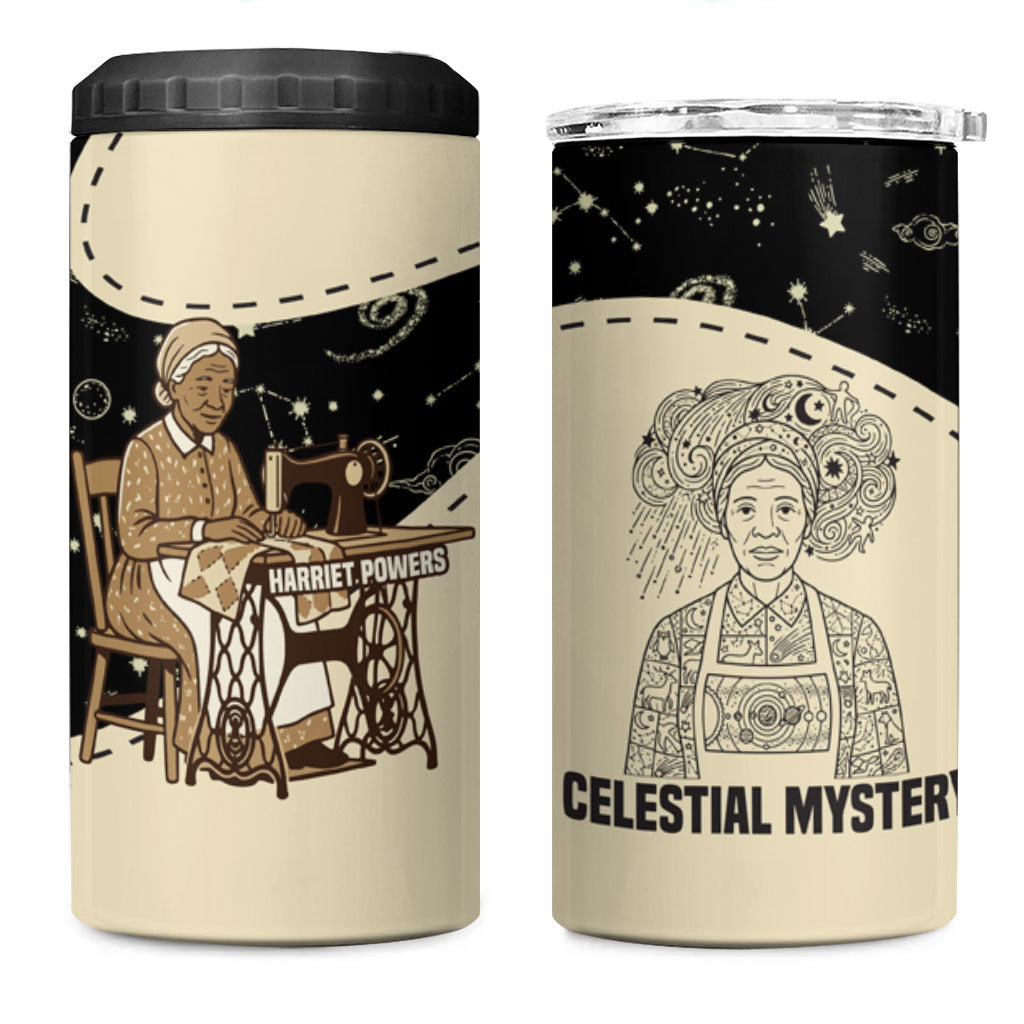 Harriet Powers Celestial Mystery 4 in 1 Can Cooler Tumbler Vintage Line Art - African American Folk Quilt Pattern