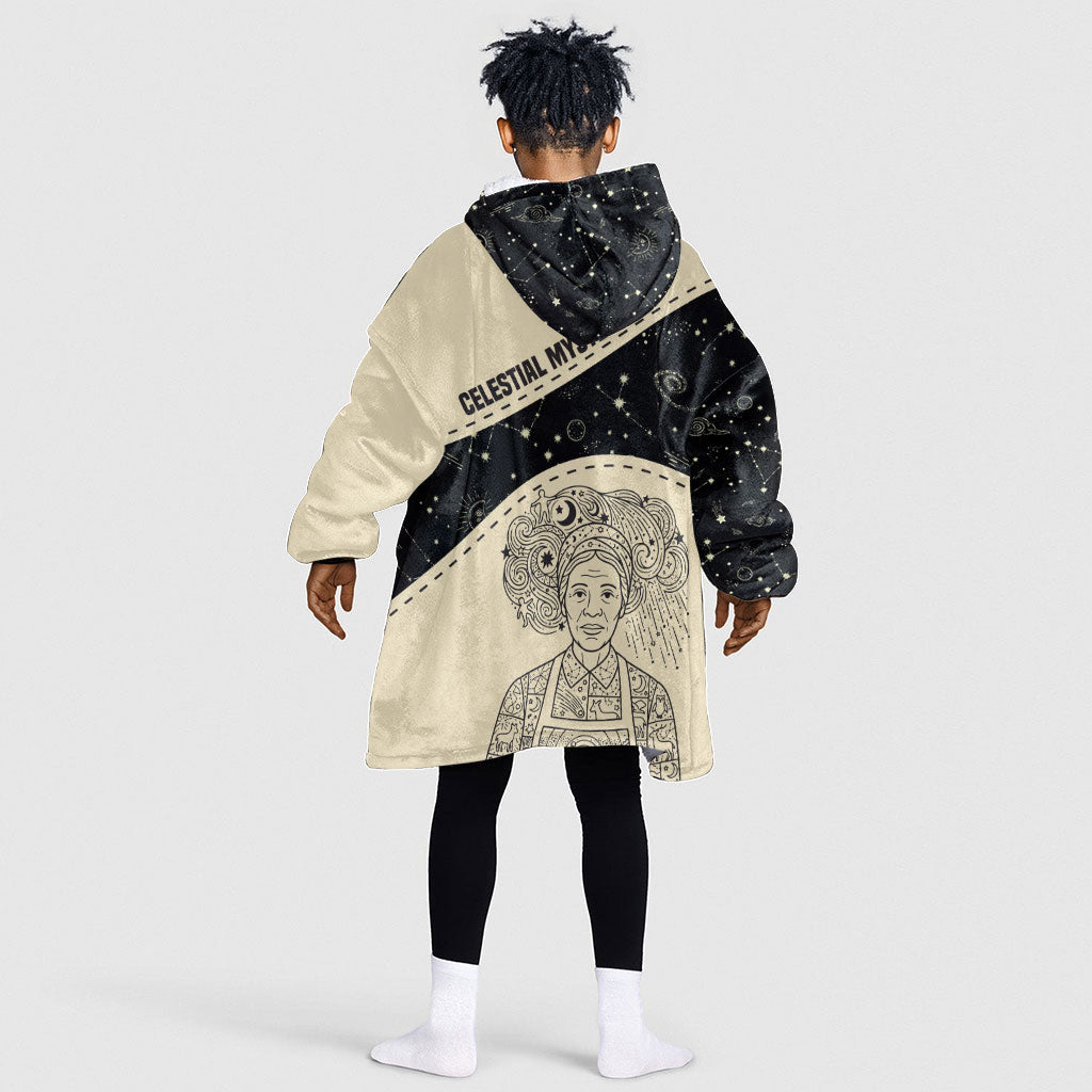 Harriet Powers Celestial Mystery Kid Wearable Blanket Hoodie Vintage Line Art - African American Folk Quilt Pattern