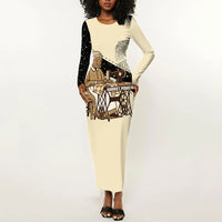 Harriet Powers Celestial Mystery Long Sleeve Bodycon Dress Vintage Line Art - African American Folk Quilt Pattern