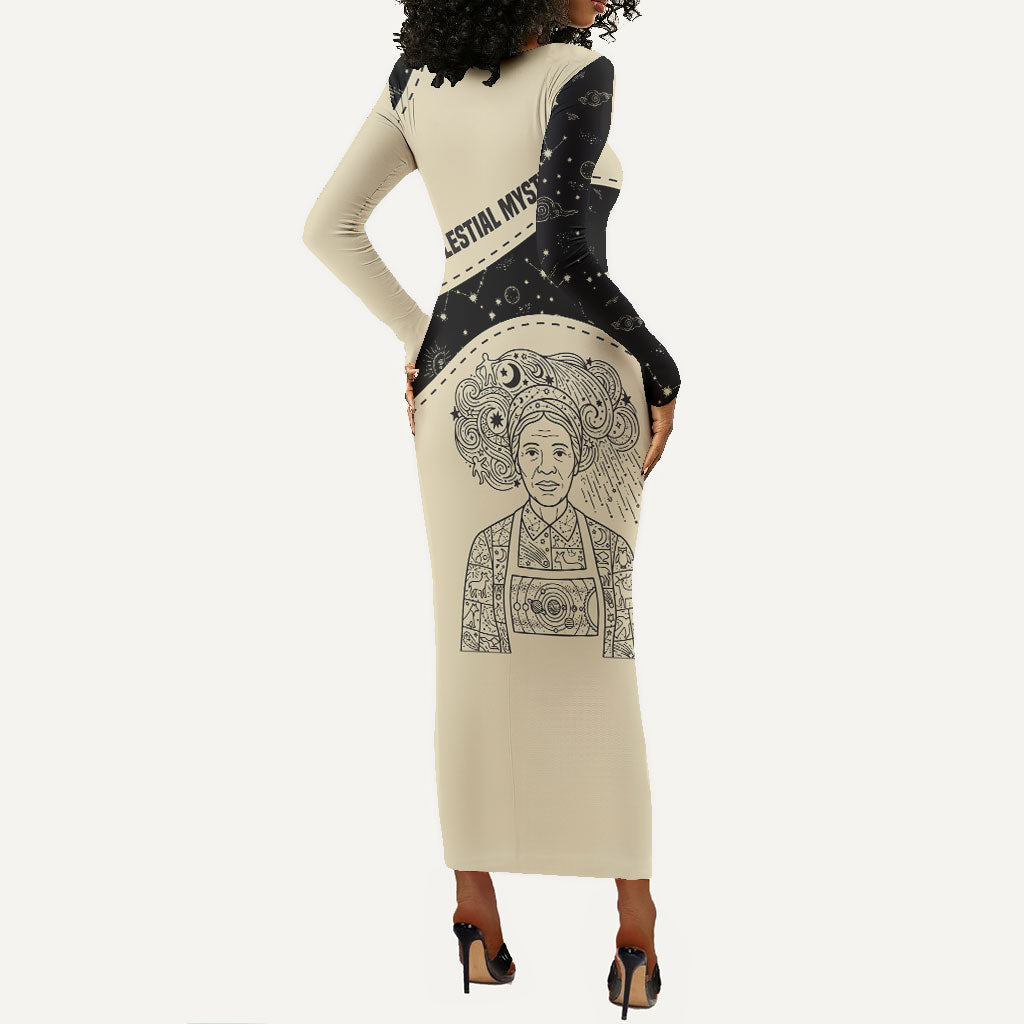 Harriet Powers Celestial Mystery Long Sleeve Bodycon Dress Vintage Line Art - African American Folk Quilt Pattern