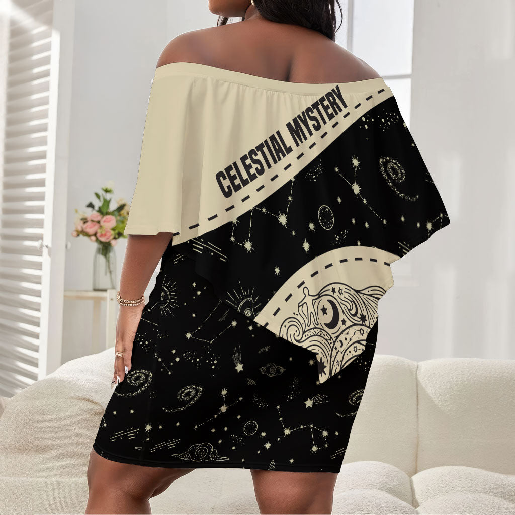 Harriet Powers Celestial Mystery Off Shoulder Short Dress Vintage Line Art - African American Folk Quilt Pattern