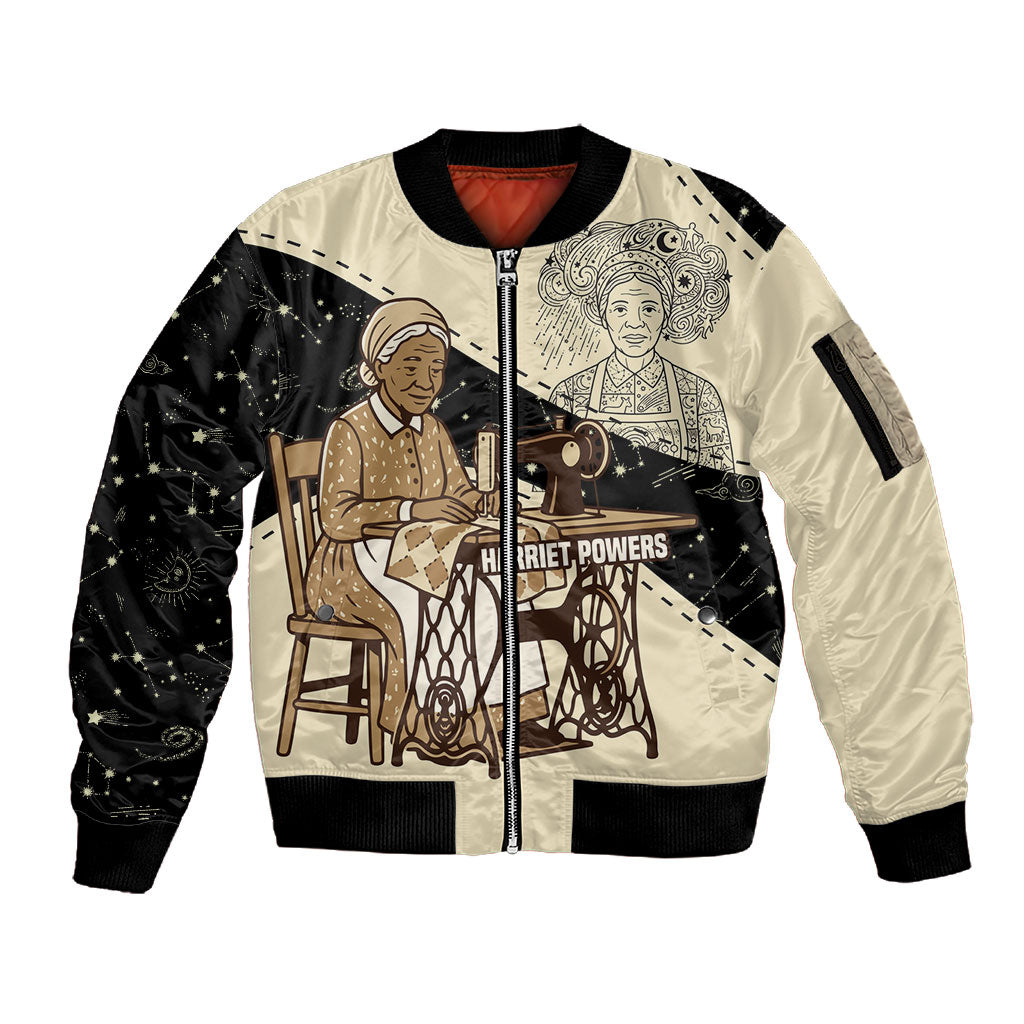 Harriet Powers Celestial Mystery Sleeve Zip Bomber Jacket Vintage Line Art - African American Folk Quilt Pattern