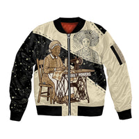 Harriet Powers Celestial Mystery Sleeve Zip Bomber Jacket Vintage Line Art - African American Folk Quilt Pattern