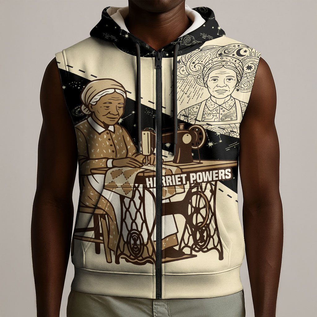 Harriet Powers Celestial Mystery Sleeveless Zip Hoodie Vintage Line Art - African American Folk Quilt Pattern