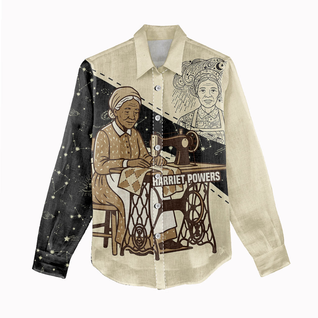 Harriet Powers Celestial Mystery Women Casual Shirt Vintage Line Art - African American Folk Quilt Pattern