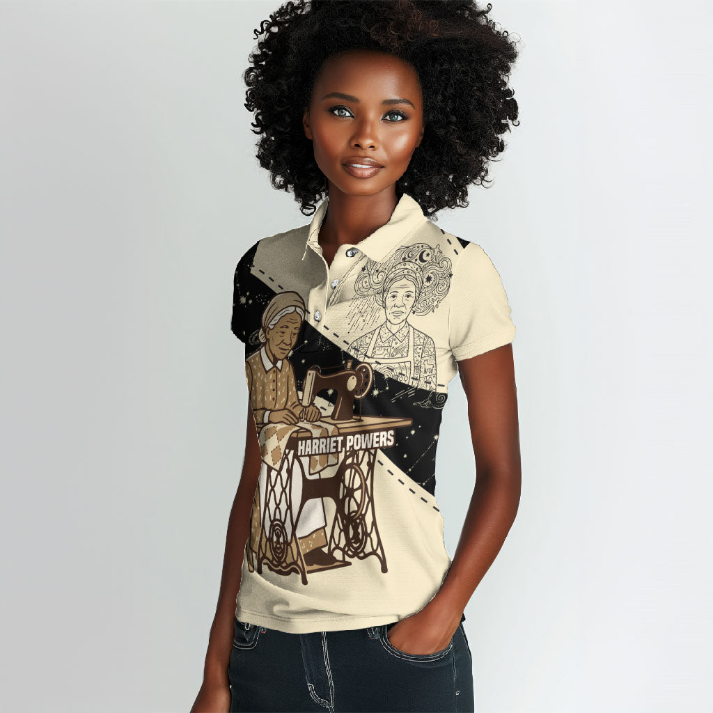 Harriet Powers Celestial Mystery Women Polo Shirt Vintage Line Art - African American Folk Quilt Pattern