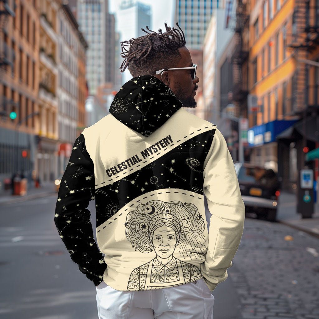 Harriet Powers Celestial Mystery Zip Hoodie Vintage Line Art - African American Folk Quilt Pattern