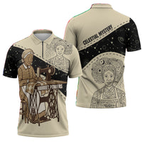 Harriet Powers Celestial Mystery Zipper Polo Shirt Vintage Line Art - African American Folk Quilt Pattern