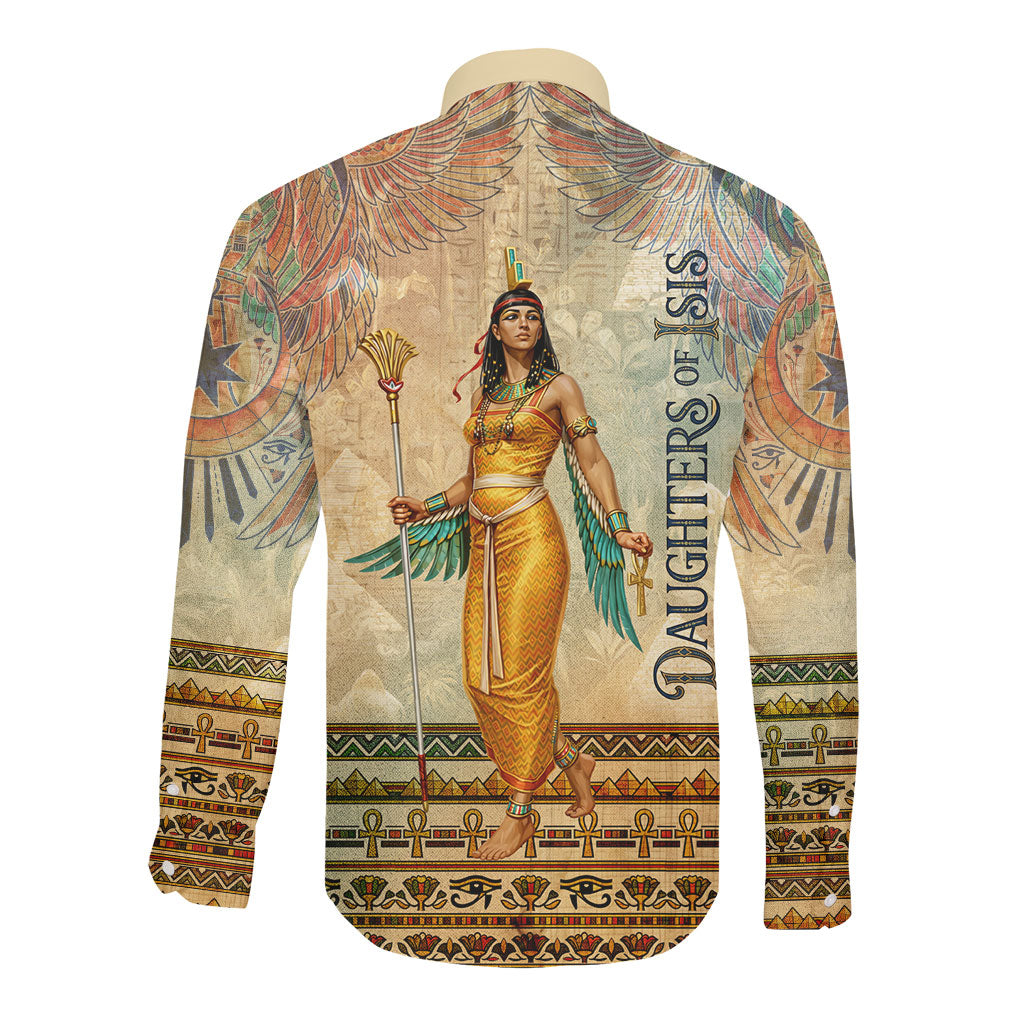 Daughters Of Isis Long Sleeve Button Shirt Eye Of Horus Ancient Egyptian Goddess - Vintage Parchment Art