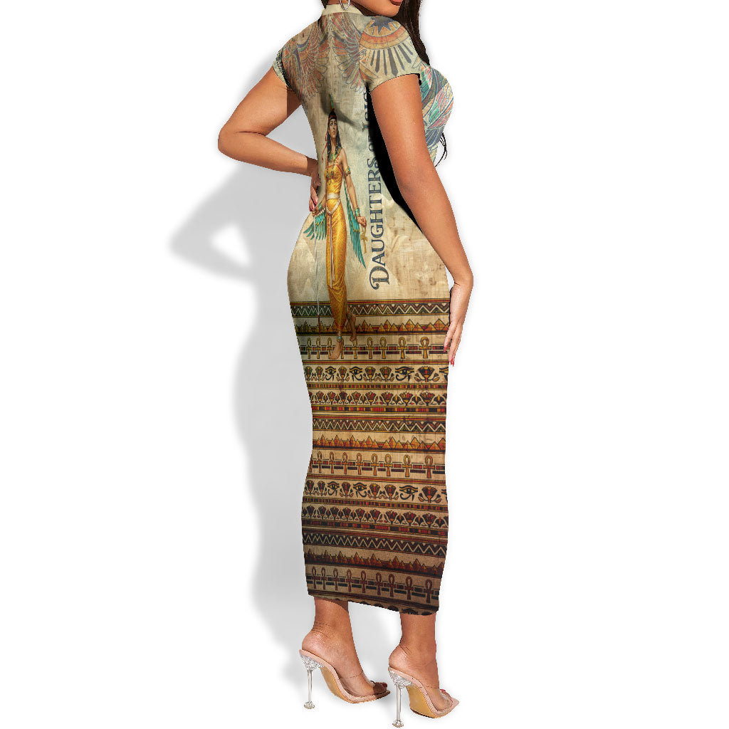 Daughters Of Isis Short Sleeve Bodycon Dress Eye Of Horus Ancient Egyptian Goddess - Vintage Parchment Art