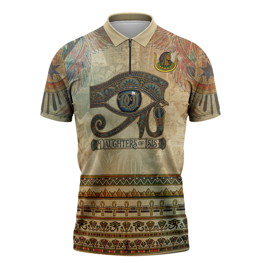 Daughters Of Isis Zipper Polo Shirt Eye Of Horus Ancient Egyptian Goddess - Vintage Parchment Art