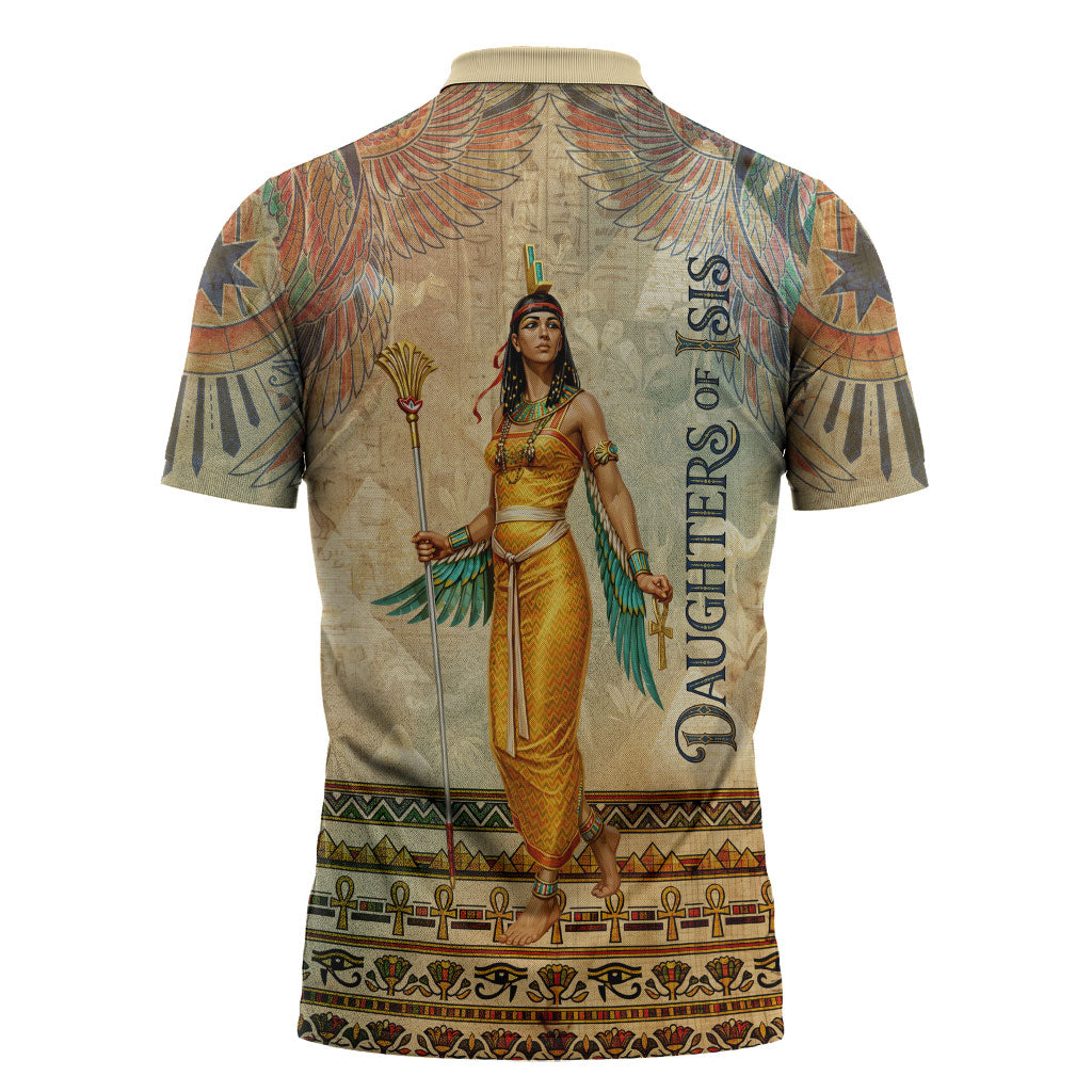 Daughters Of Isis Zipper Polo Shirt Eye Of Horus Ancient Egyptian Goddess - Vintage Parchment Art