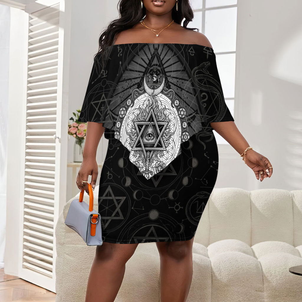 Ordo Templi Orientis Occult Symbolism Off Shoulder Short Dress Esoteric Alchemy Sacred Geometry Black