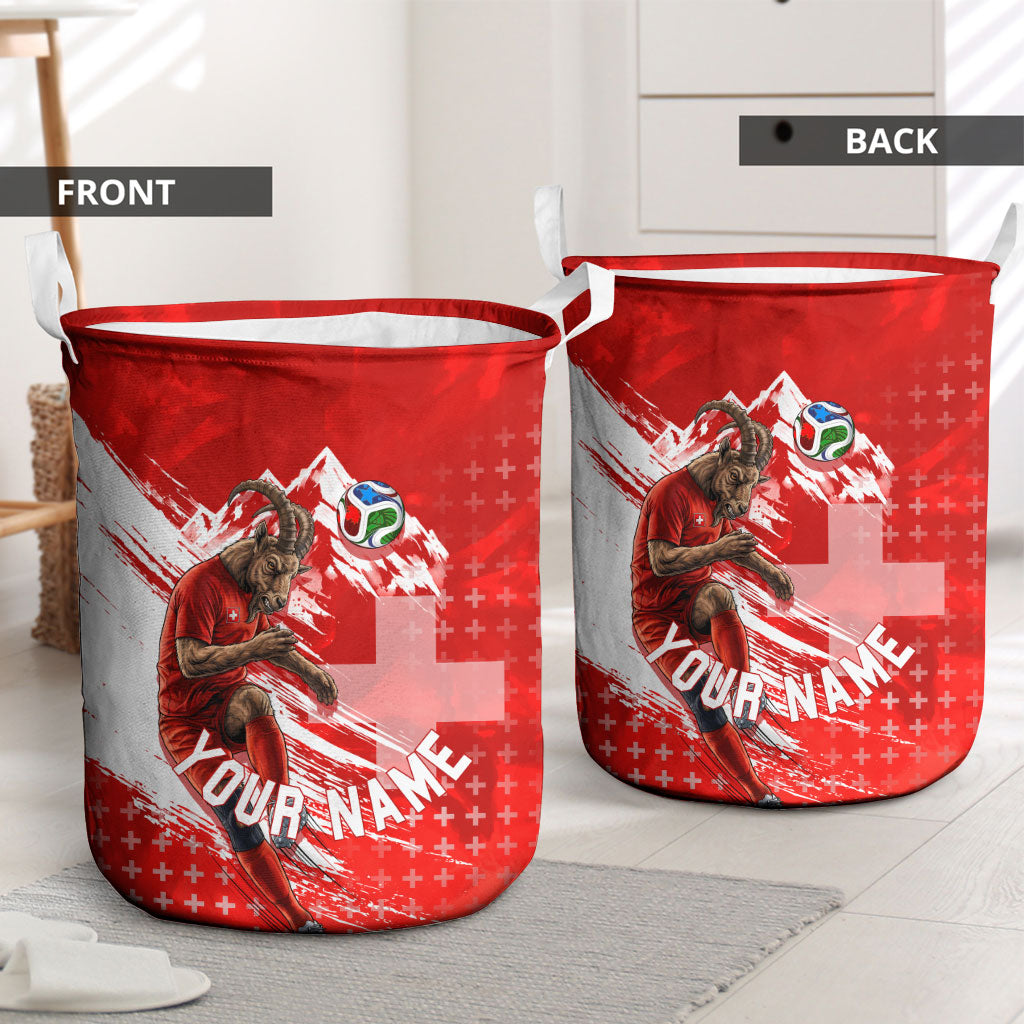 Personalized Switzerland Football Alpine Goat Laundry Basket Swiss Flag Snow Mountain - Soccer Mascot