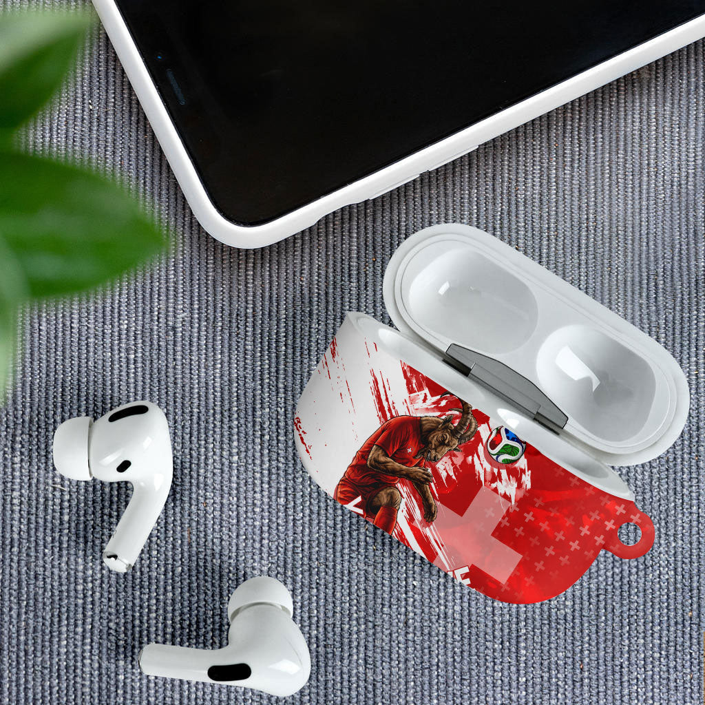 Personalized Switzerland Football Alpine Goat AirPods Case Swiss Flag Snow Mountain - Soccer Mascot