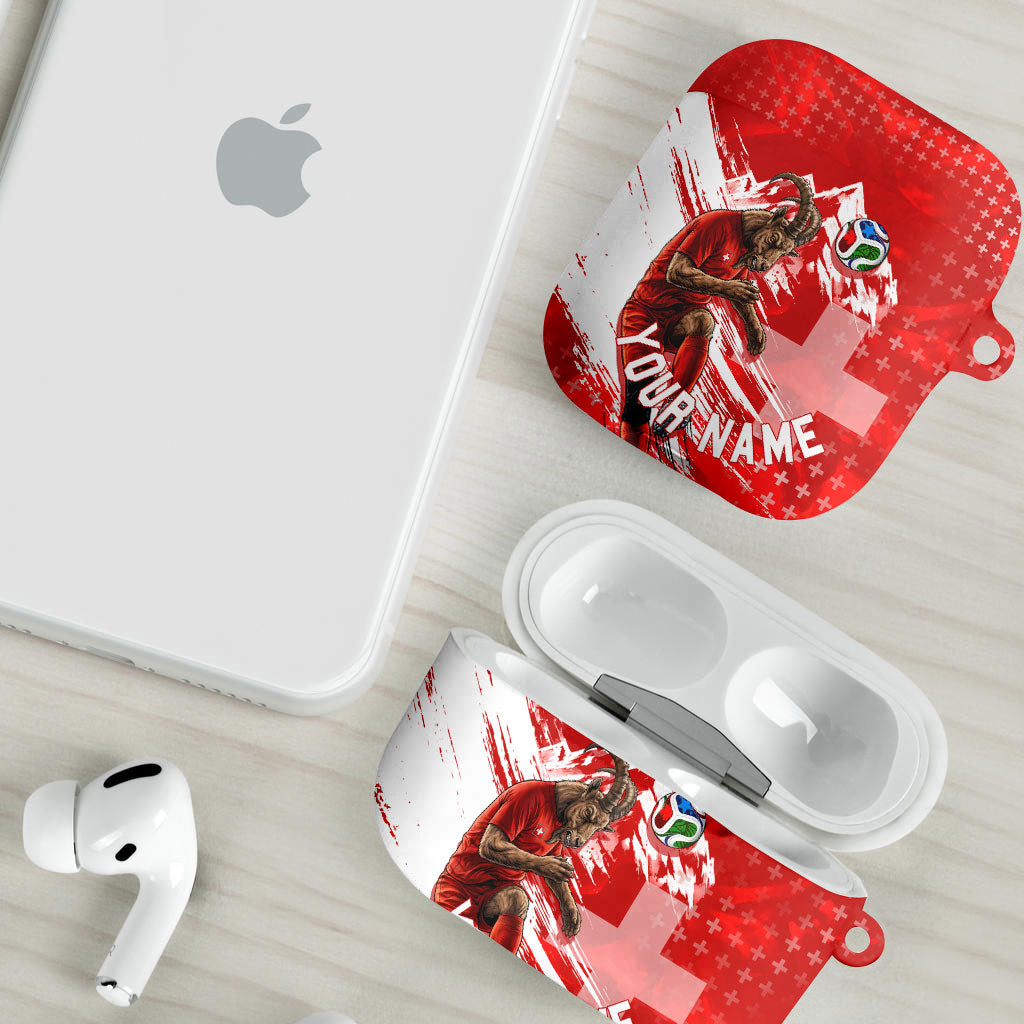 Personalized Switzerland Football Alpine Goat AirPods Case Swiss Flag Snow Mountain - Soccer Mascot