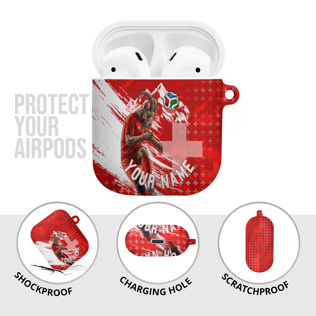 Personalized Switzerland Football Alpine Goat AirPods Case Swiss Flag Snow Mountain - Soccer Mascot