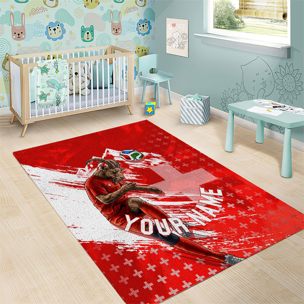 Personalized Switzerland Football Alpine Goat Area Rug Swiss Flag Snow Mountain - Soccer Mascot