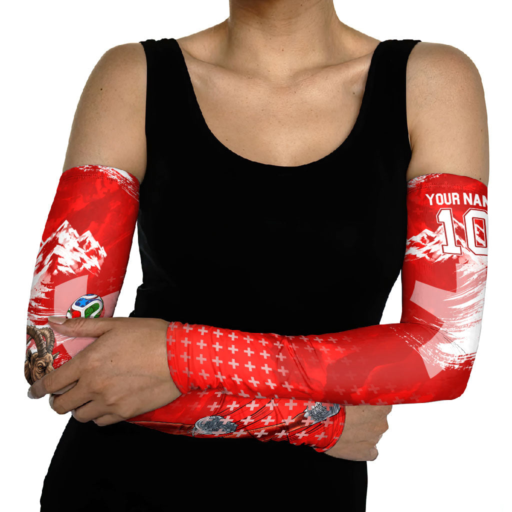 Personalized Switzerland Football Alpine Goat Arm Sleeves Swiss Flag Snow Mountain - Soccer Mascot