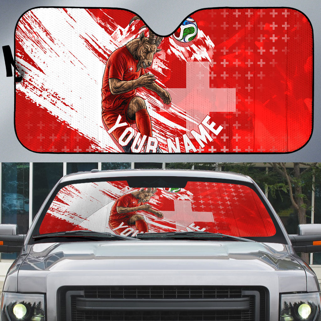 Personalized Switzerland Football Alpine Goat Auto Sun Shade Swiss Flag Snow Mountain - Soccer Mascot