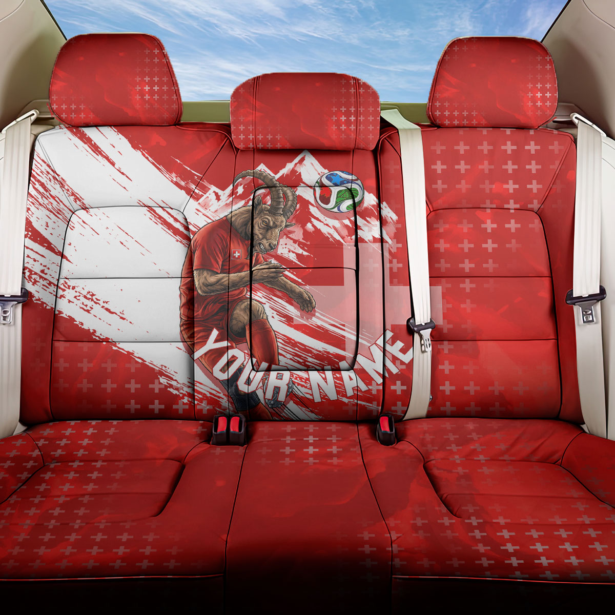 Personalized Switzerland Football Alpine Goat Back Car Seat Cover Swiss Flag Snow Mountain - Soccer Mascot