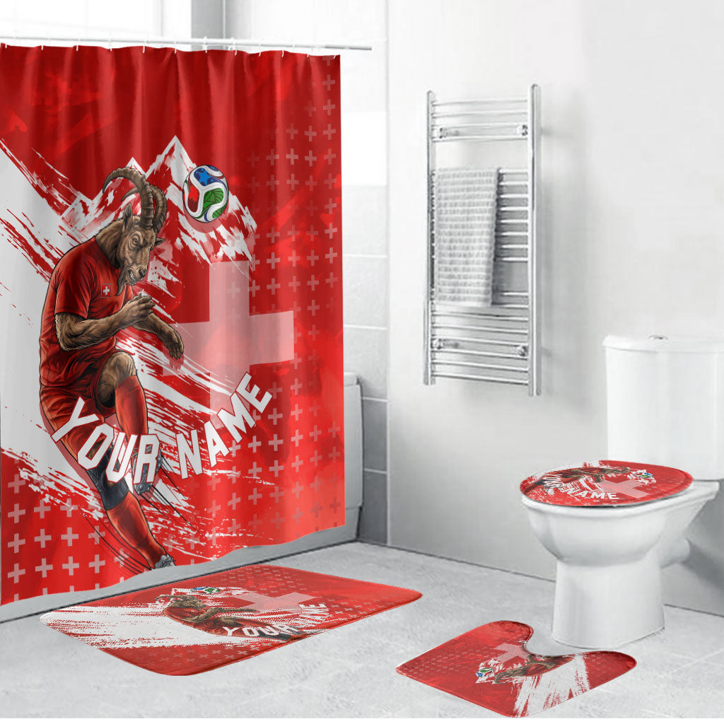 Personalized Switzerland Football Alpine Goat Bathroom Set Swiss Flag Snow Mountain - Soccer Mascot