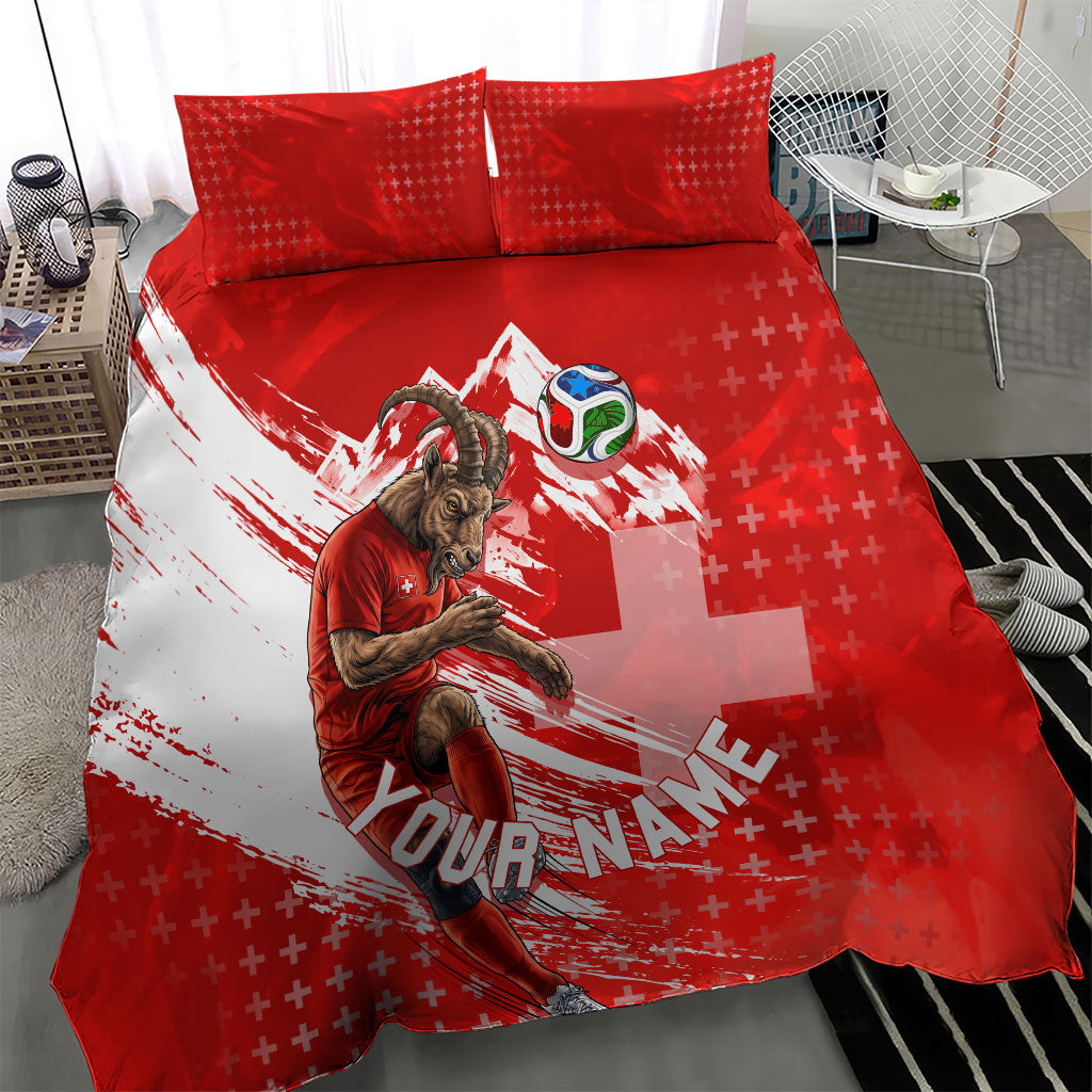 Personalized Switzerland Football Alpine Goat Bedding Set Swiss Flag Snow Mountain - Soccer Mascot