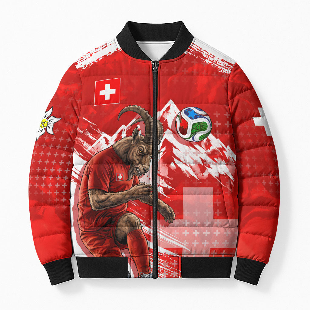Personalized Switzerland Football Alpine Goat Bomber Puffer Jacket Swiss Flag Snow Mountain - Soccer Mascot