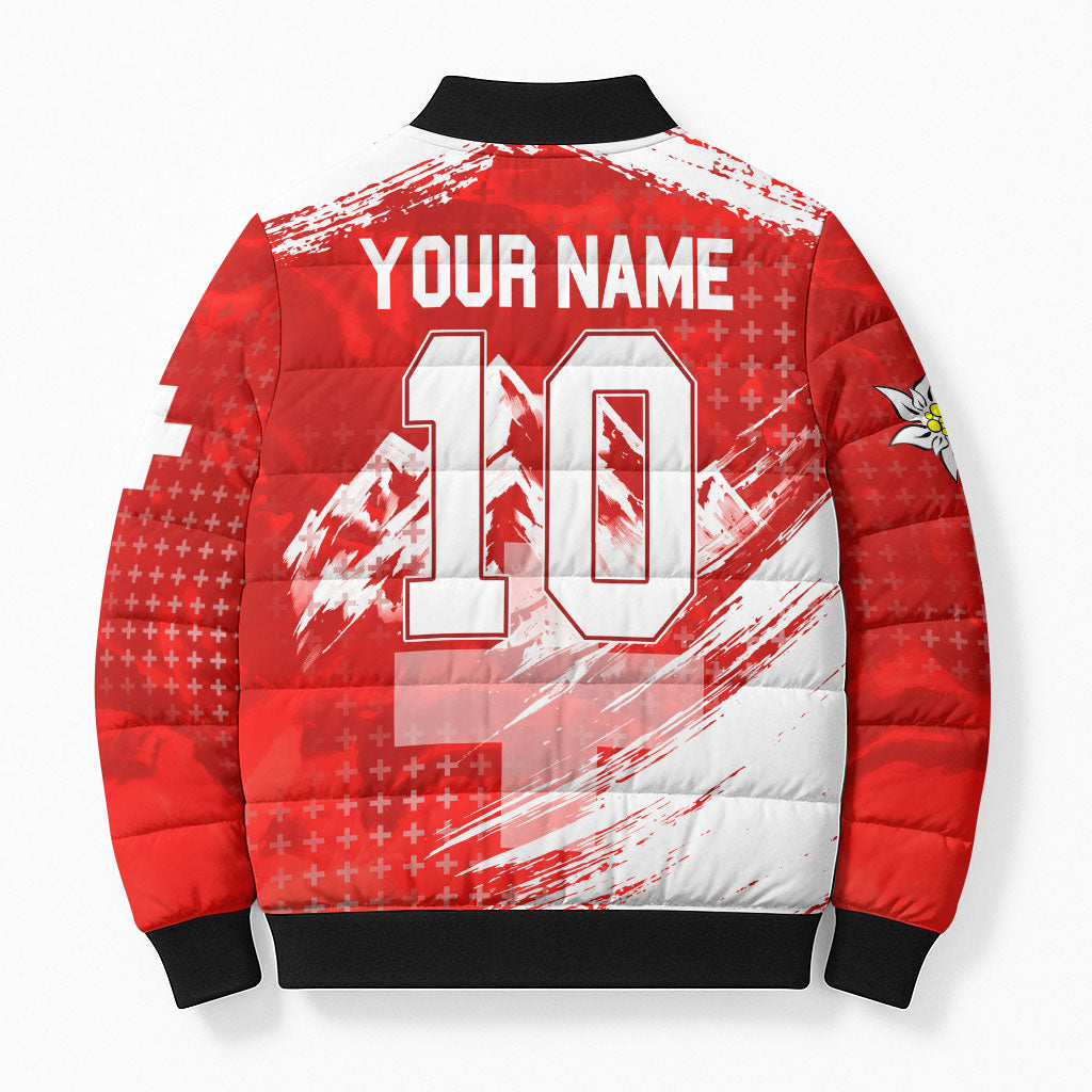 Personalized Switzerland Football Alpine Goat Bomber Puffer Jacket Swiss Flag Snow Mountain - Soccer Mascot