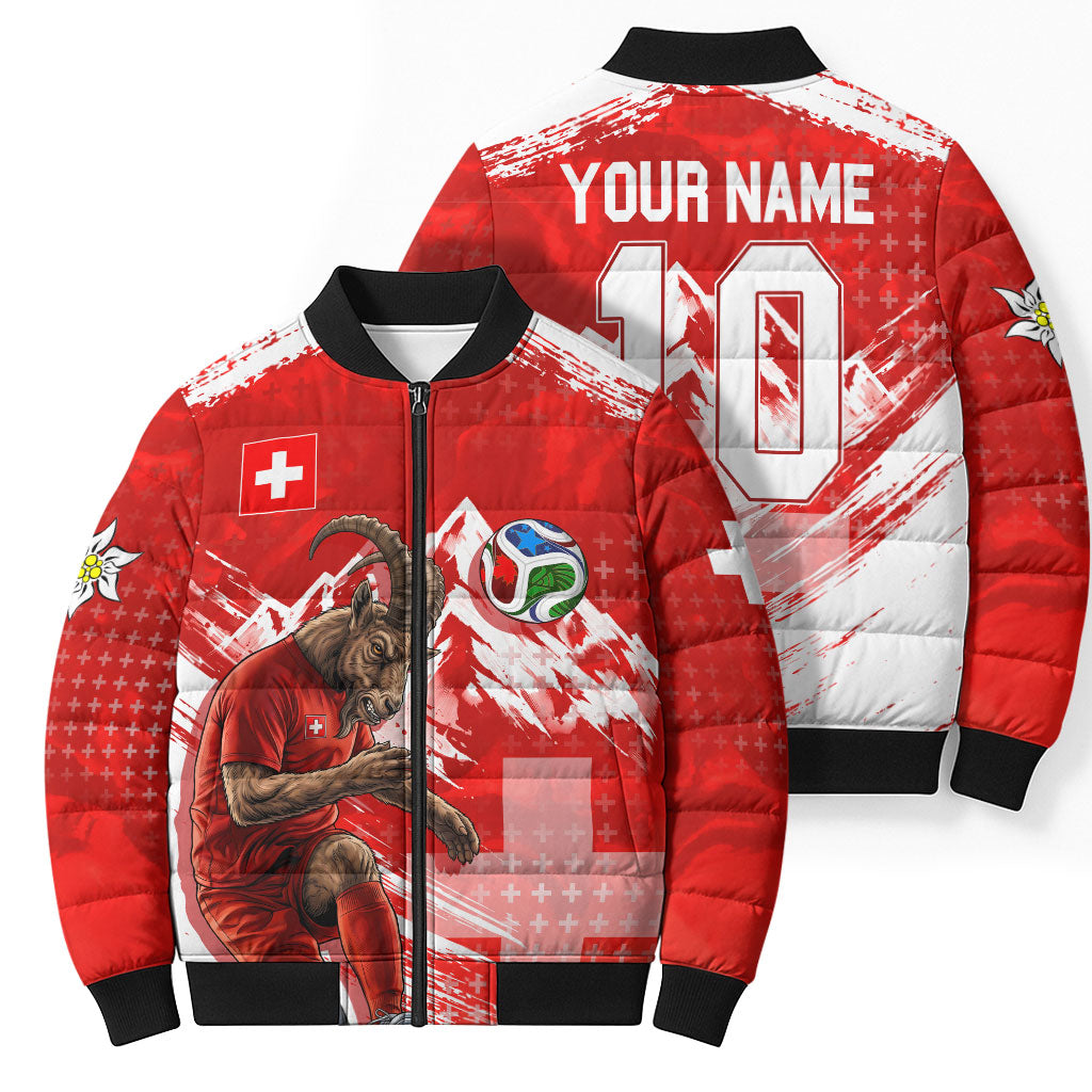 Personalized Switzerland Football Alpine Goat Bomber Puffer Jacket Swiss Flag Snow Mountain - Soccer Mascot