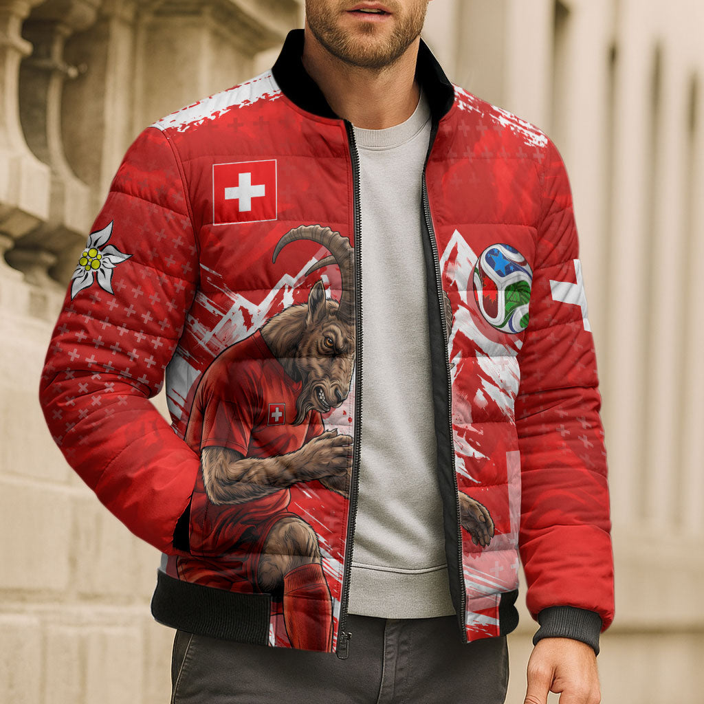 Personalized Switzerland Football Alpine Goat Bomber Puffer Jacket Swiss Flag Snow Mountain - Soccer Mascot