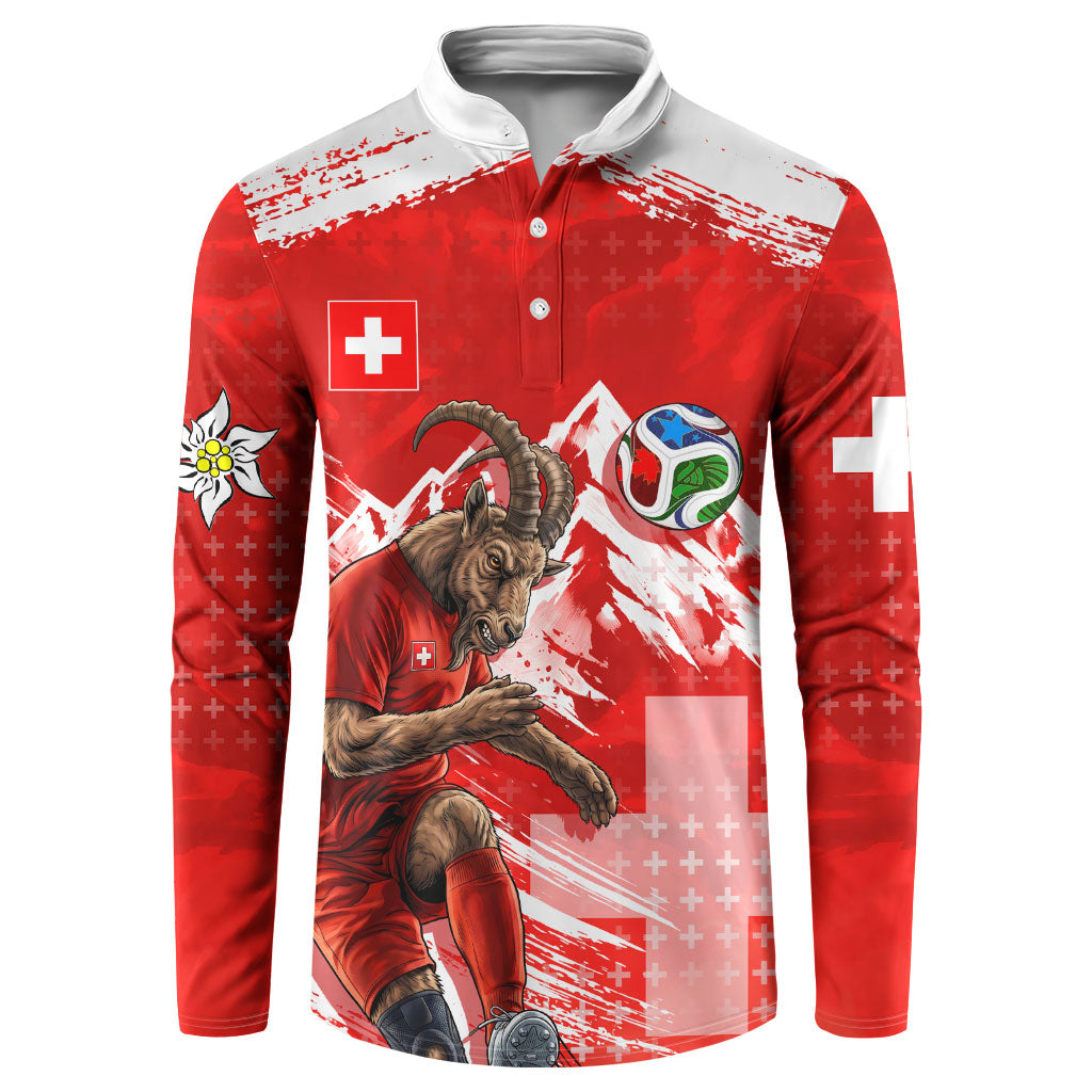 Personalized Switzerland Football Alpine Goat Button Sweatshirt Swiss Flag Snow Mountain - Soccer Mascot