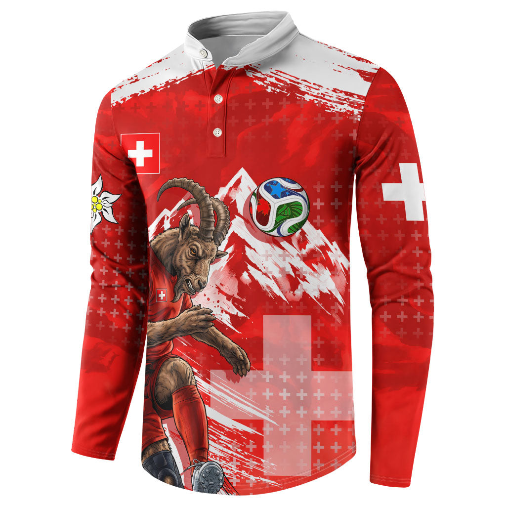 Personalized Switzerland Football Alpine Goat Button Sweatshirt Swiss Flag Snow Mountain - Soccer Mascot