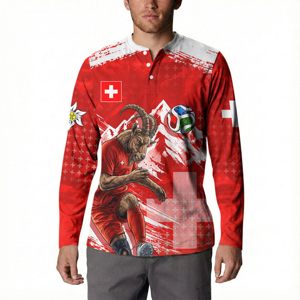 Personalized Switzerland Football Alpine Goat Button Sweatshirt Swiss Flag Snow Mountain - Soccer Mascot