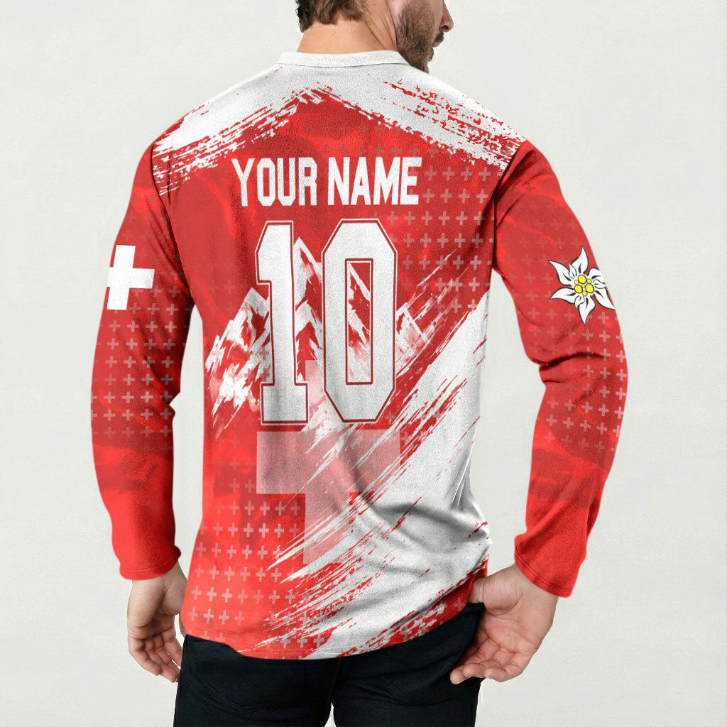 Personalized Switzerland Football Alpine Goat Button Sweatshirt Swiss Flag Snow Mountain - Soccer Mascot