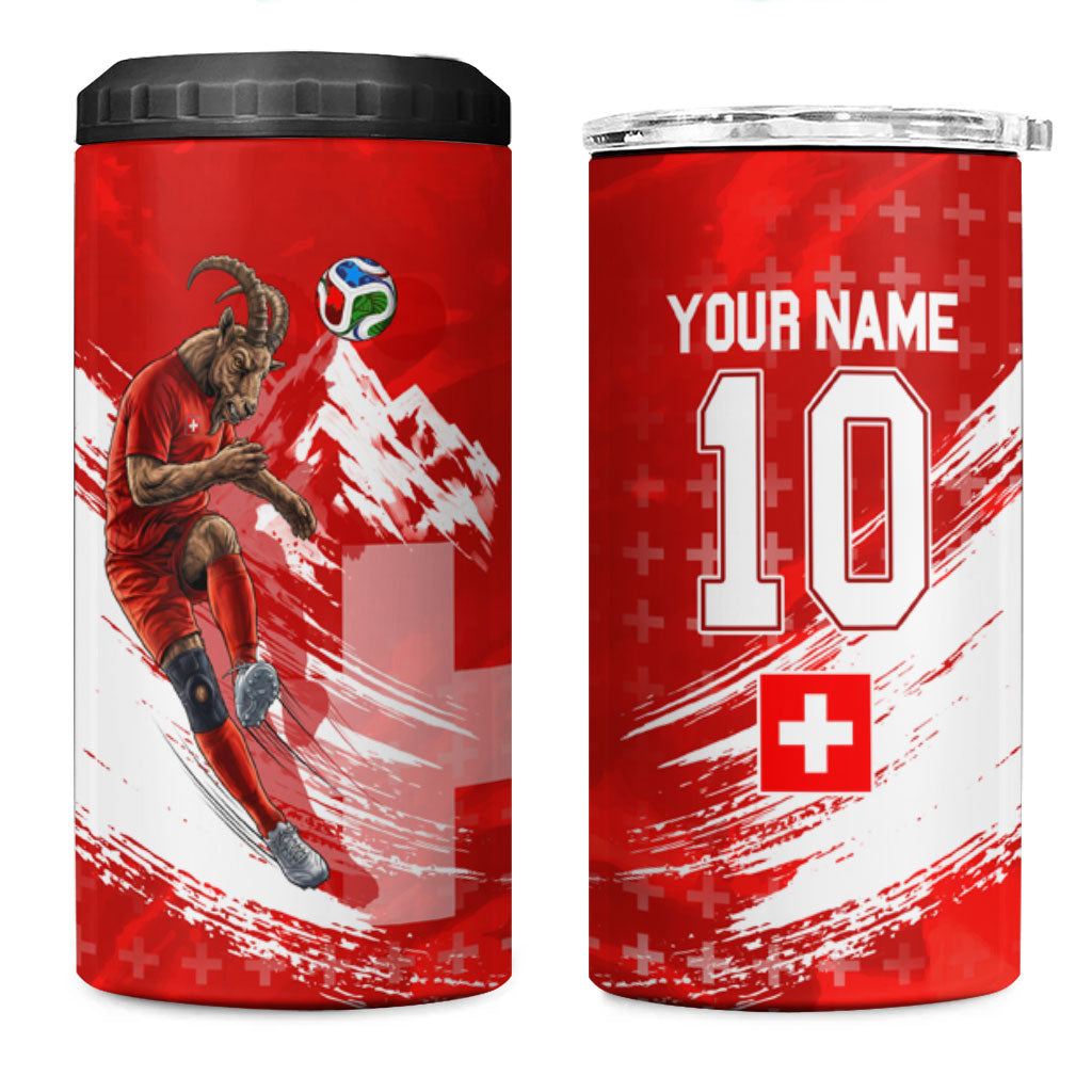 Personalized Switzerland Football Alpine Goat 4 in 1 Can Cooler Tumbler Swiss Flag Snow Mountain - Soccer Mascot