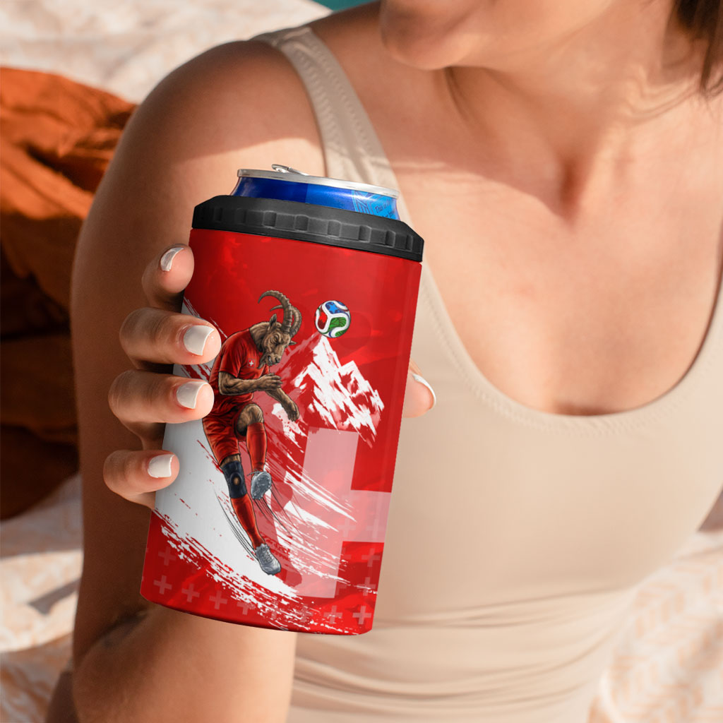 Personalized Switzerland Football Alpine Goat 4 in 1 Can Cooler Tumbler Swiss Flag Snow Mountain - Soccer Mascot