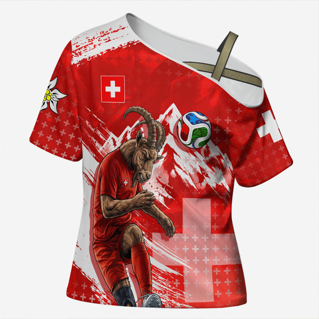 Personalized Switzerland Football Alpine Goat Cross Shoulder Shirt Swiss Flag Snow Mountain - Soccer Mascot