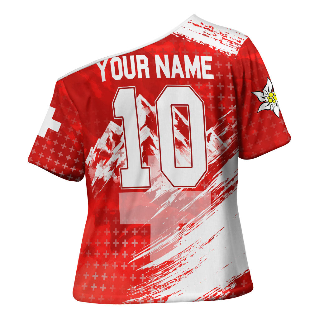 Personalized Switzerland Football Alpine Goat Cross Shoulder Shirt Swiss Flag Snow Mountain - Soccer Mascot