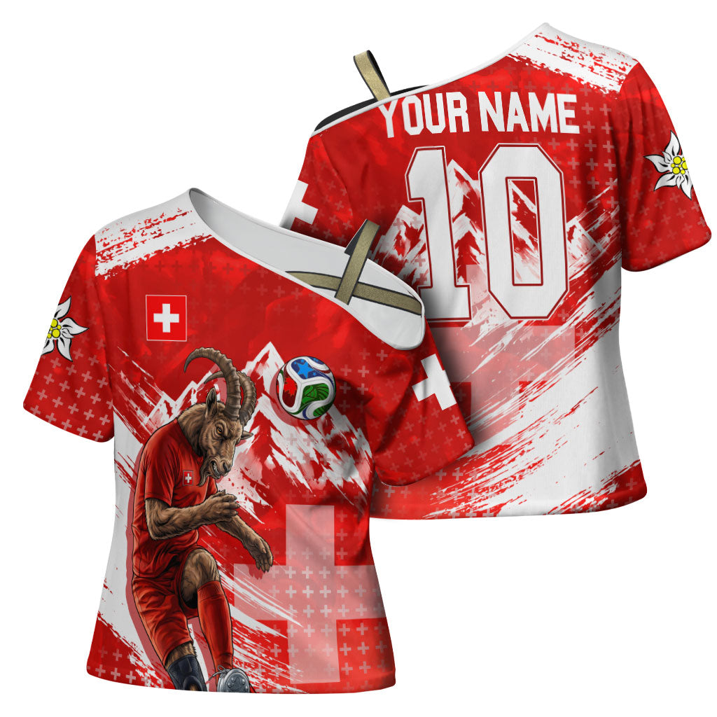 Personalized Switzerland Football Alpine Goat Cross Shoulder Shirt Swiss Flag Snow Mountain - Soccer Mascot