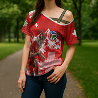 Personalized Switzerland Football Alpine Goat Cross Shoulder Shirt Swiss Flag Snow Mountain - Soccer Mascot