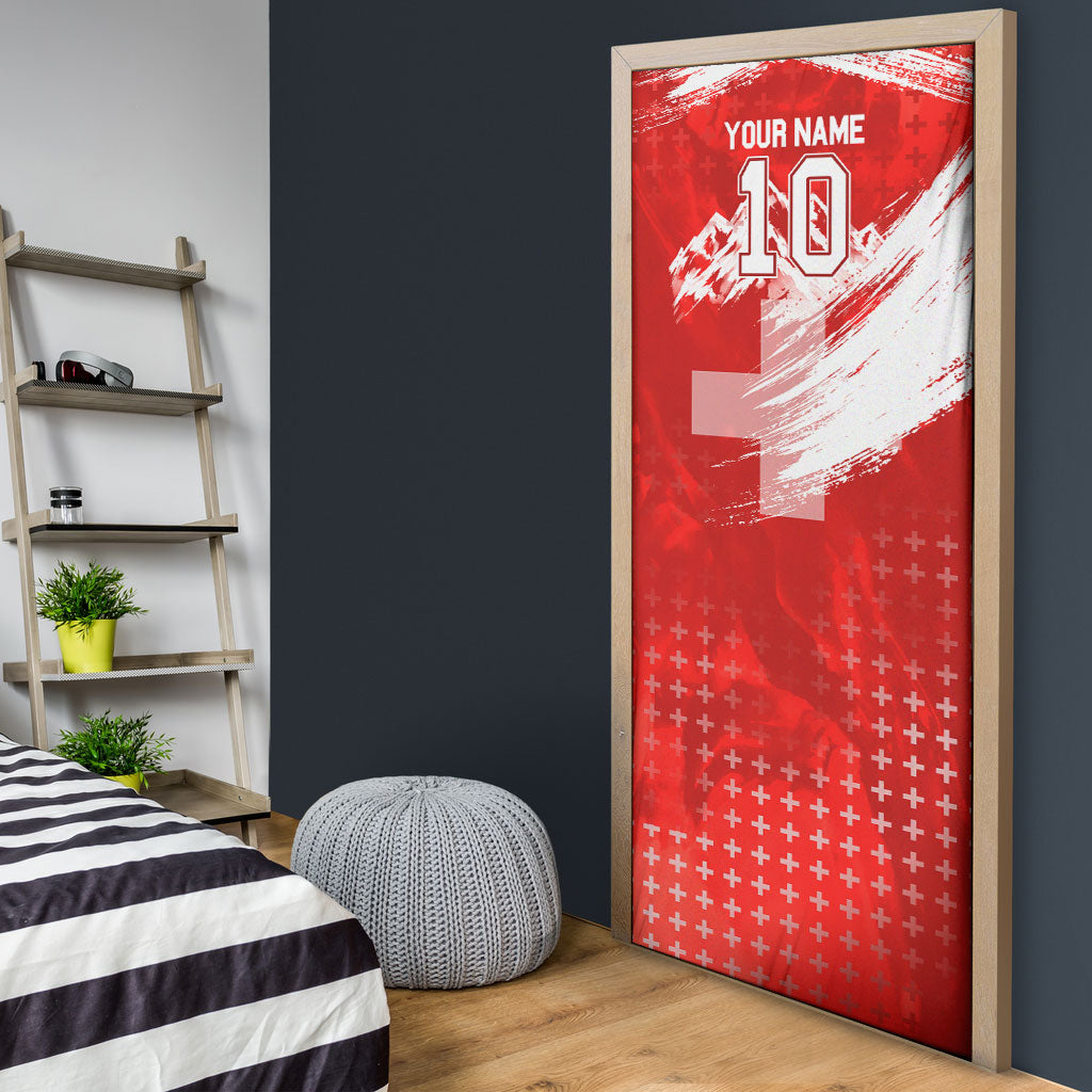 Personalized Switzerland Football Alpine Goat Door Cover Swiss Flag Snow Mountain - Soccer Mascot