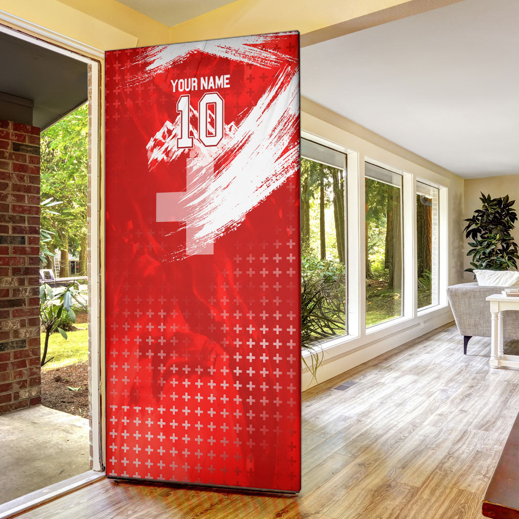 Personalized Switzerland Football Alpine Goat Door Cover Swiss Flag Snow Mountain - Soccer Mascot